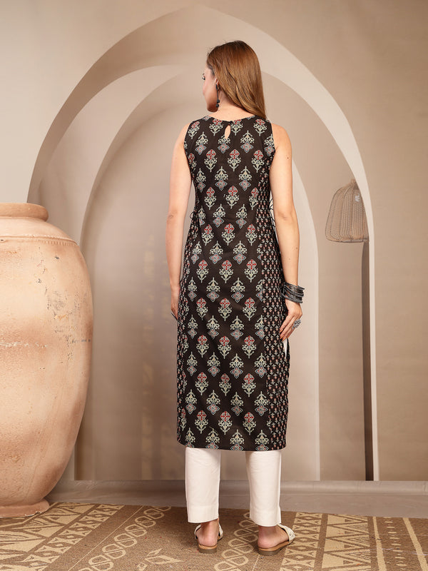 Gulmohar Jaipur Cotton Calf Length Printed Sleeveless Boat Neck Straight Kurta