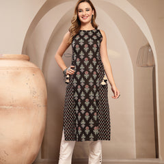 Gulmohar Jaipur Cotton Calf Length Printed Sleeveless Boat Neck Straight Kurta