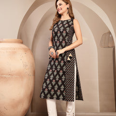 Gulmohar Jaipur Cotton Calf Length Printed Sleeveless Boat Neck Straight Kurta