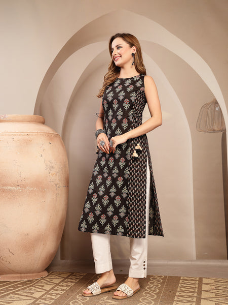 Gulmohar Jaipur Cotton Calf Length Printed Sleeveless Boat Neck Straight Kurta
