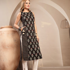Gulmohar Jaipur Cotton Calf Length Printed Sleeveless Boat Neck Straight Kurta