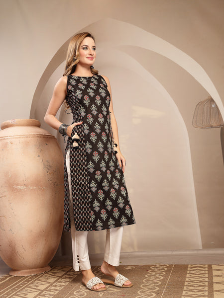 Gulmohar Jaipur Cotton Calf Length Printed Sleeveless Boat Neck Straight Kurta