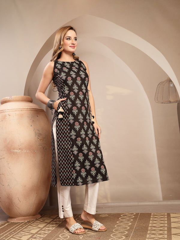 Gulmohar Jaipur Cotton Calf Length Printed Sleeveless Boat Neck Straight Kurta