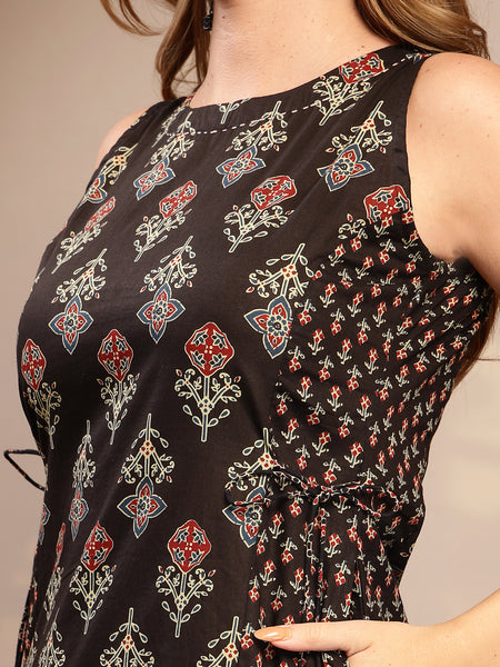 Gulmohar Jaipur Cotton Calf Length Printed Sleeveless Boat Neck Straight Kurta