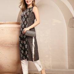 Gulmohar Jaipur Cotton Calf Length Printed Sleeveless Boat Neck Straight Kurta