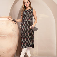 Gulmohar Jaipur Cotton Calf Length Printed Sleeveless Boat Neck Straight Kurta