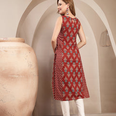 Gulmohar Jaipur Cotton Calf Length Printed Sleeveless Boat Neck Straight Kurta