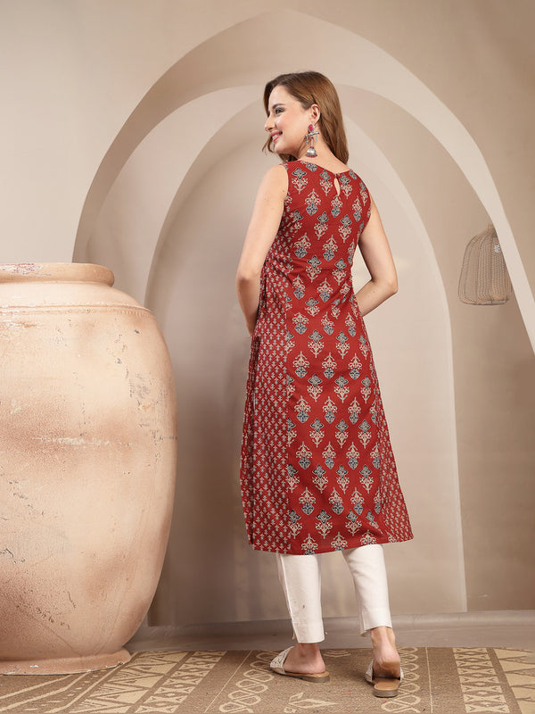 Gulmohar Jaipur Cotton Calf Length Printed Sleeveless Boat Neck Straight Kurta