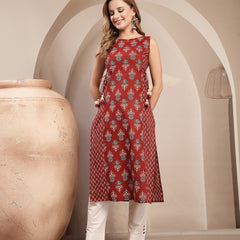 Gulmohar Jaipur Cotton Calf Length Printed Sleeveless Boat Neck Straight Kurta