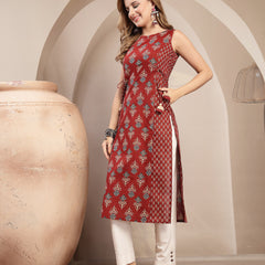 Gulmohar Jaipur Cotton Calf Length Printed Sleeveless Boat Neck Straight Kurta
