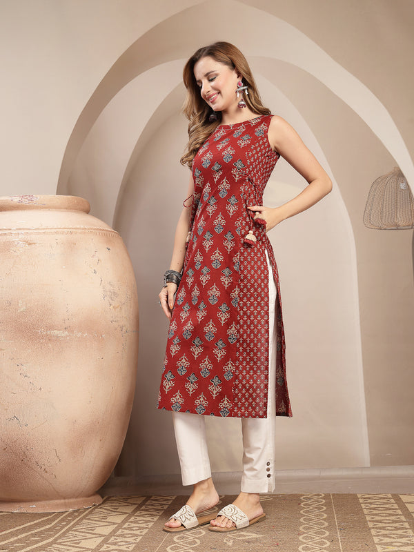 Gulmohar Jaipur Cotton Calf Length Printed Sleeveless Boat Neck Straight Kurta