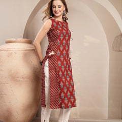Gulmohar Jaipur Cotton Calf Length Printed Sleeveless Boat Neck Straight Kurta