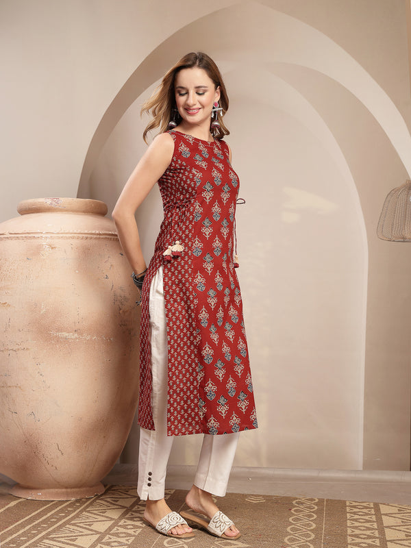 Gulmohar Jaipur Cotton Calf Length Printed Sleeveless Boat Neck Straight Kurta