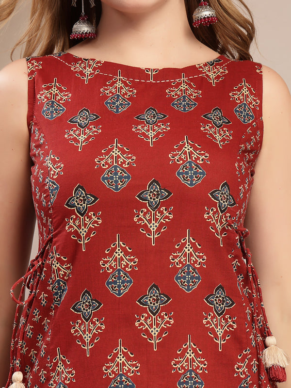 Gulmohar Jaipur Cotton Calf Length Printed Sleeveless Boat Neck Straight Kurta