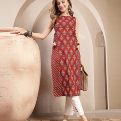 Gulmohar Jaipur Cotton Calf Length Printed Sleeveless Boat Neck Straight Kurta