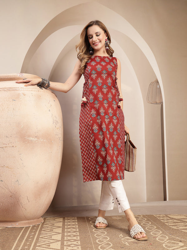 Gulmohar Jaipur Cotton Calf Length Printed Sleeveless Boat Neck Straight Kurta