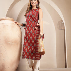 Gulmohar Jaipur Cotton Calf Length Printed Sleeveless Boat Neck Straight Kurta