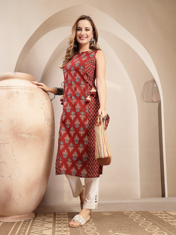 Gulmohar Jaipur Cotton Calf Length Printed Sleeveless Boat Neck Straight Kurta
