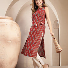 Gulmohar Jaipur Cotton Calf Length Printed Sleeveless Boat Neck Straight Kurta