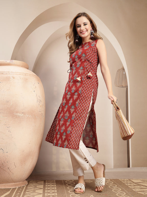 Gulmohar Jaipur Cotton Calf Length Printed Sleeveless Boat Neck Straight Kurta