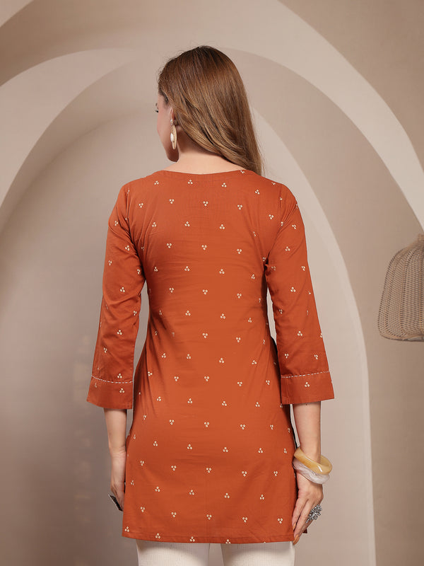 Gulmohar Jaipur Cotton Hip Length Printed 3/4 Sleeve Round Neck Straight Top