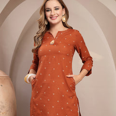 Gulmohar Jaipur Cotton Hip Length Printed 3/4 Sleeve Round Neck Straight Top