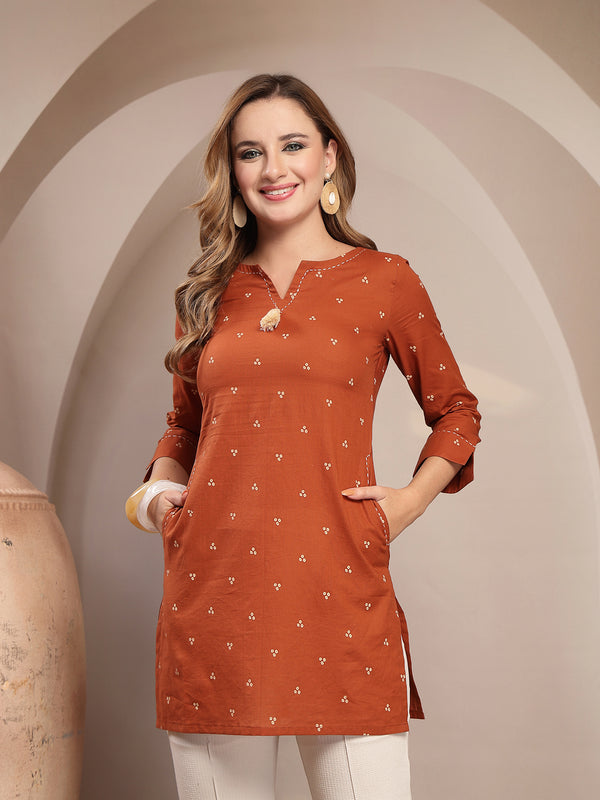 Gulmohar Jaipur Cotton Hip Length Printed 3/4 Sleeve Round Neck Straight Top