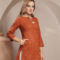 Gulmohar Jaipur Cotton Hip Length Printed 3/4 Sleeve Round Neck Straight Top