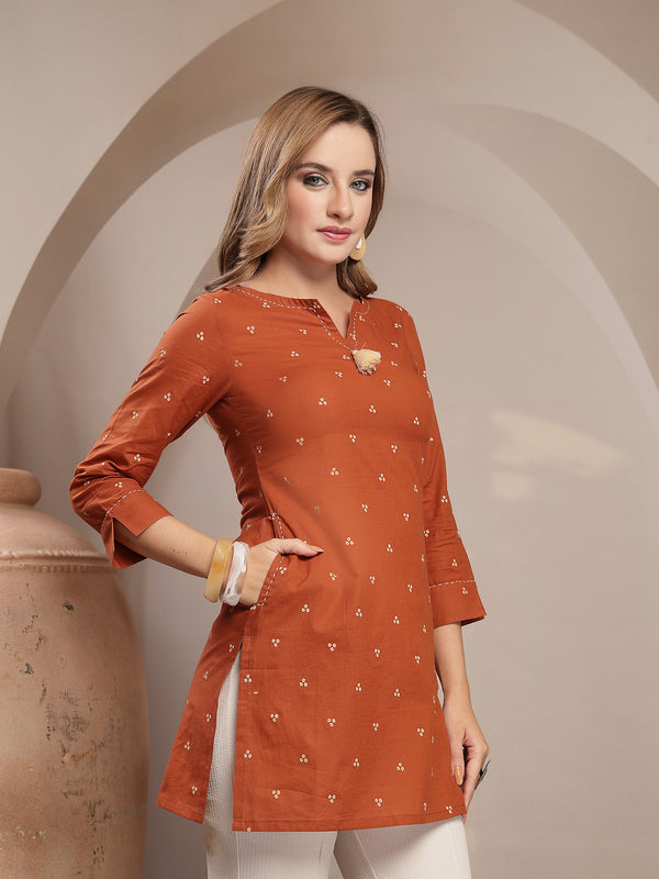Gulmohar Jaipur Cotton Hip Length Printed 3/4 Sleeve Round Neck Straight Top