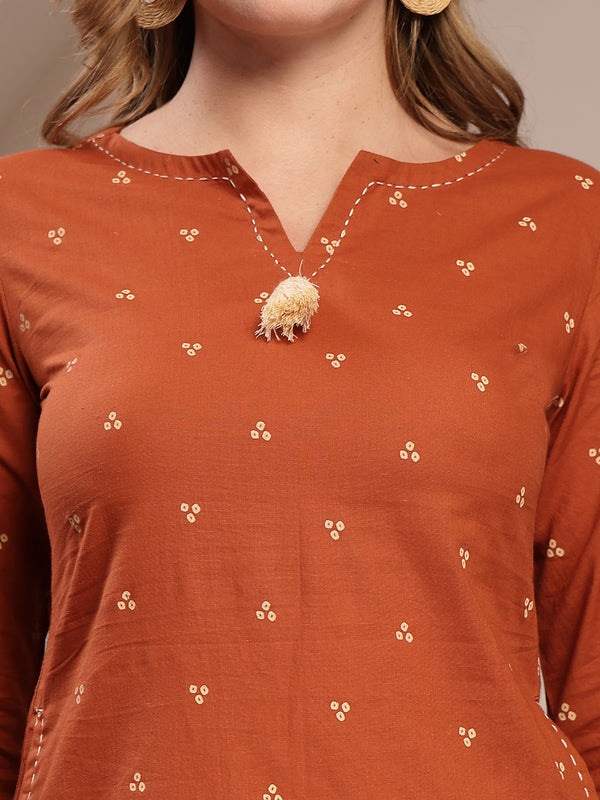 Gulmohar Jaipur Cotton Hip Length Printed 3/4 Sleeve Round Neck Straight Top