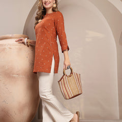 Gulmohar Jaipur Cotton Hip Length Printed 3/4 Sleeve Round Neck Straight Top