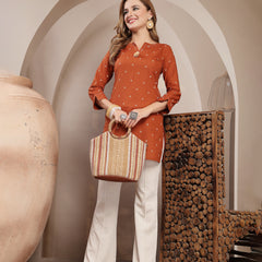 Gulmohar Jaipur Cotton Hip Length Printed 3/4 Sleeve Round Neck Straight Top