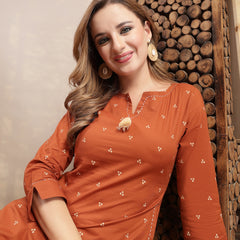 Gulmohar Jaipur Cotton Hip Length Printed 3/4 Sleeve Round Neck Straight Top