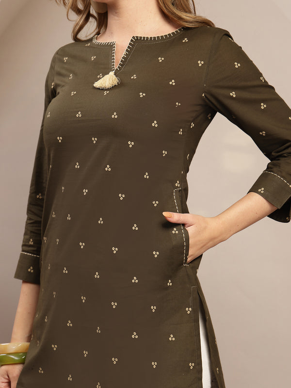 Gulmohar Jaipur Cotton Hip Length Printed 3/4 Sleeve Round Neck Straight Top