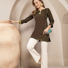 Gulmohar Jaipur Cotton Hip Length Printed 3/4 Sleeve Round Neck Straight Top