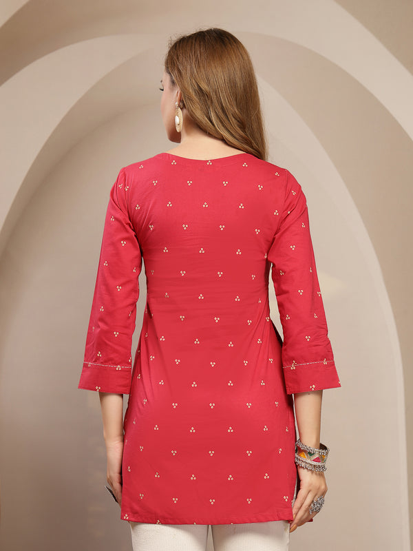 Gulmohar Jaipur Cotton Hip Length Printed 3/4 Sleeve Round Neck Straight Top