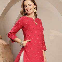 Gulmohar Jaipur Cotton Hip Length Printed 3/4 Sleeve Round Neck Straight Top