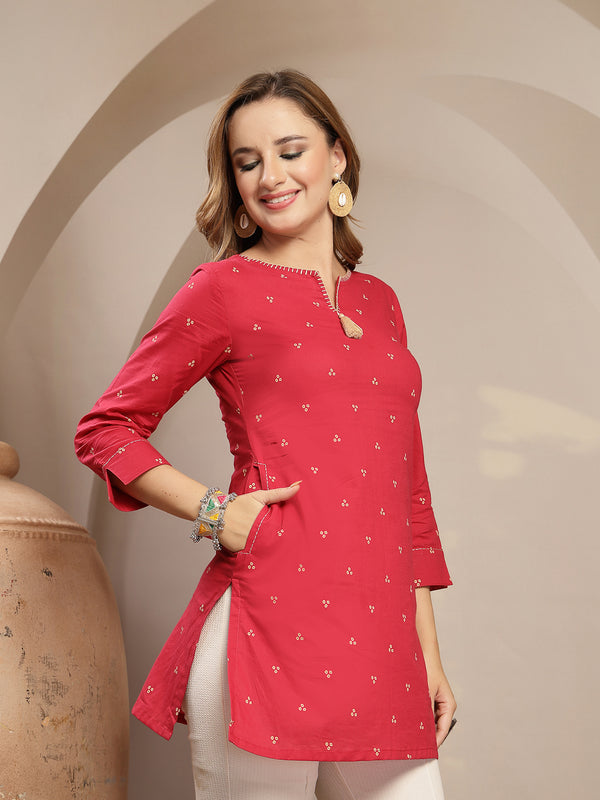 Gulmohar Jaipur Cotton Hip Length Printed 3/4 Sleeve Round Neck Straight Top