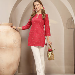 Gulmohar Jaipur Cotton Hip Length Printed 3/4 Sleeve Round Neck Straight Top