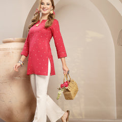 Gulmohar Jaipur Cotton Hip Length Printed 3/4 Sleeve Round Neck Straight Top