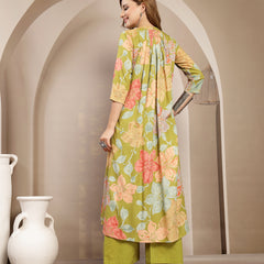 Gulmohar Jaipur Rayon Calf Length Printed 3/4 Sleeve Band Collar Flared Kurta Suit Set