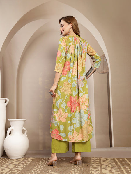 Gulmohar Jaipur Rayon Calf Length Printed 3/4 Sleeve Band Collar Flared Kurta Suit Set
