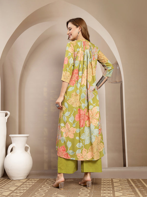 Gulmohar Jaipur Rayon Calf Length Printed 3/4 Sleeve Band Collar Flared Kurta Suit Set