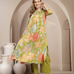 Gulmohar Jaipur Rayon Calf Length Printed 3/4 Sleeve Band Collar Flared Kurta Suit Set