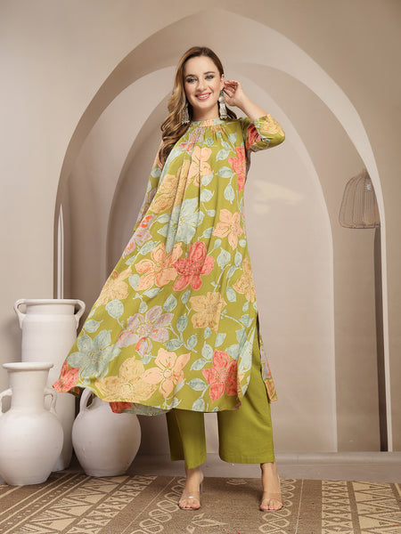Gulmohar Jaipur Rayon Calf Length Printed 3/4 Sleeve Band Collar Flared Kurta Suit Set