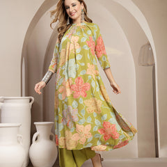 Gulmohar Jaipur Rayon Calf Length Printed 3/4 Sleeve Band Collar Flared Kurta Suit Set
