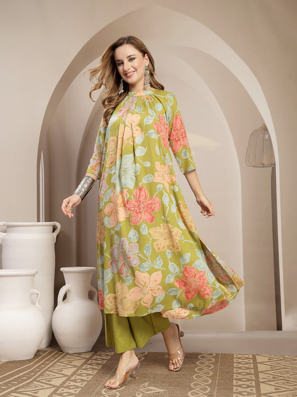 Gulmohar Jaipur Rayon Calf Length Printed 3/4 Sleeve Band Collar Flared Kurta Suit Set