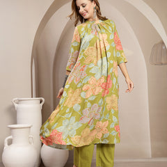 Gulmohar Jaipur Rayon Calf Length Printed 3/4 Sleeve Band Collar Flared Kurta Suit Set