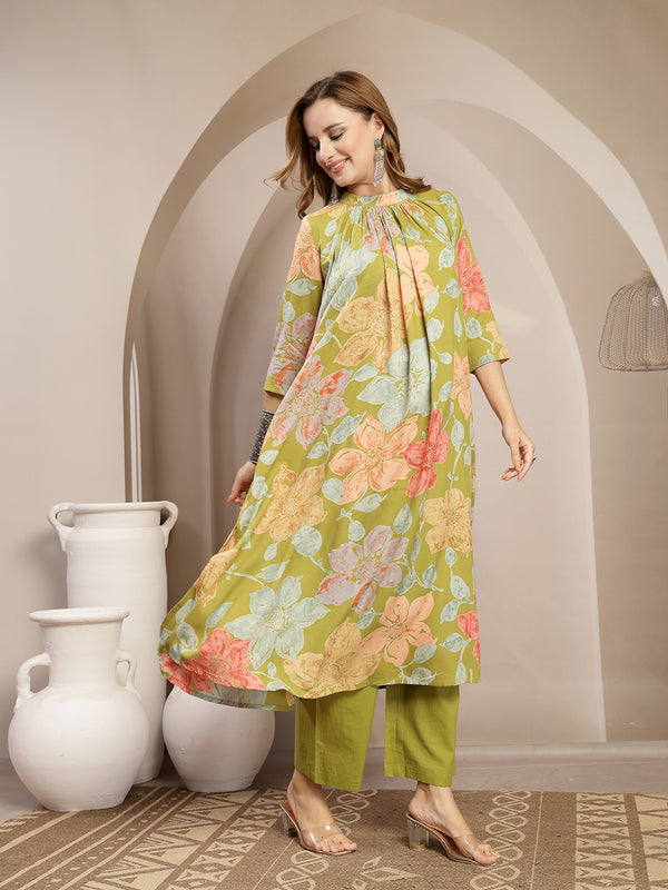 Gulmohar Jaipur Rayon Calf Length Printed 3/4 Sleeve Band Collar Flared Kurta Suit Set