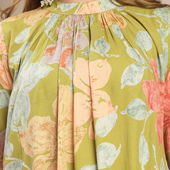 Gulmohar Jaipur Rayon Calf Length Printed 3/4 Sleeve Band Collar Flared Kurta Suit Set